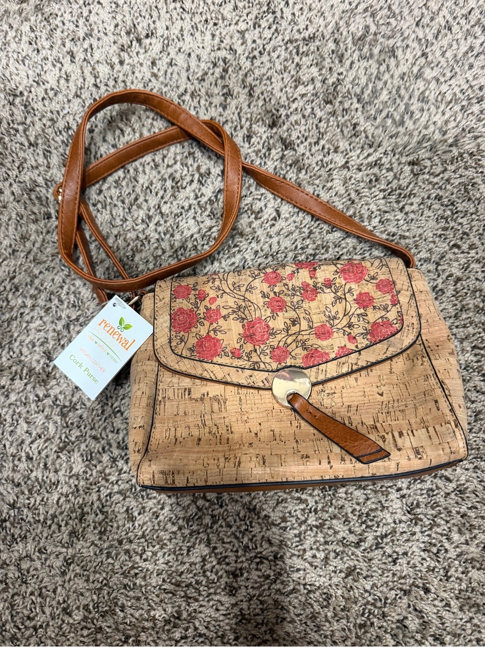 Renewal Cork Crossbody Bag with Pink Floral Accent